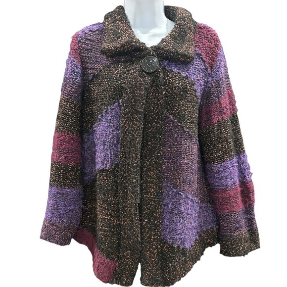 Anthropologie Curio Brown Purple Fuschia Knit Chunky Cardigan‎ XL Funky Colorful - Picture 2 of 8
